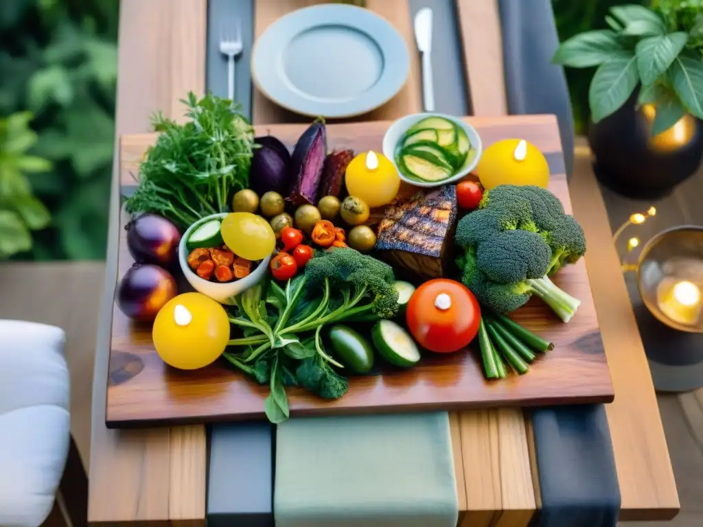 Una mesa de comedor al aire libre con deliciosas parrilladas y ensaladas, rodeada de vegetación y luces cálidas