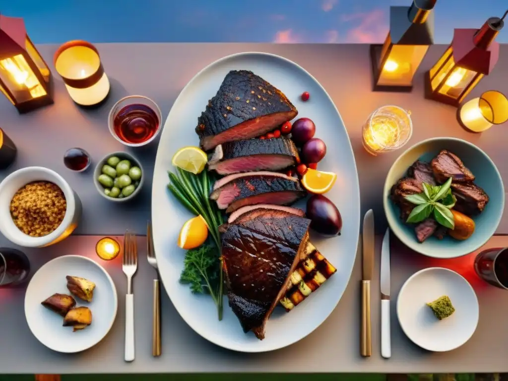 Una mesa de comedor al aire libre bellamente decorada con carnes exóticas a la parrilla y acompañamientos vibrantes, bajo luces cálidas al atardecer