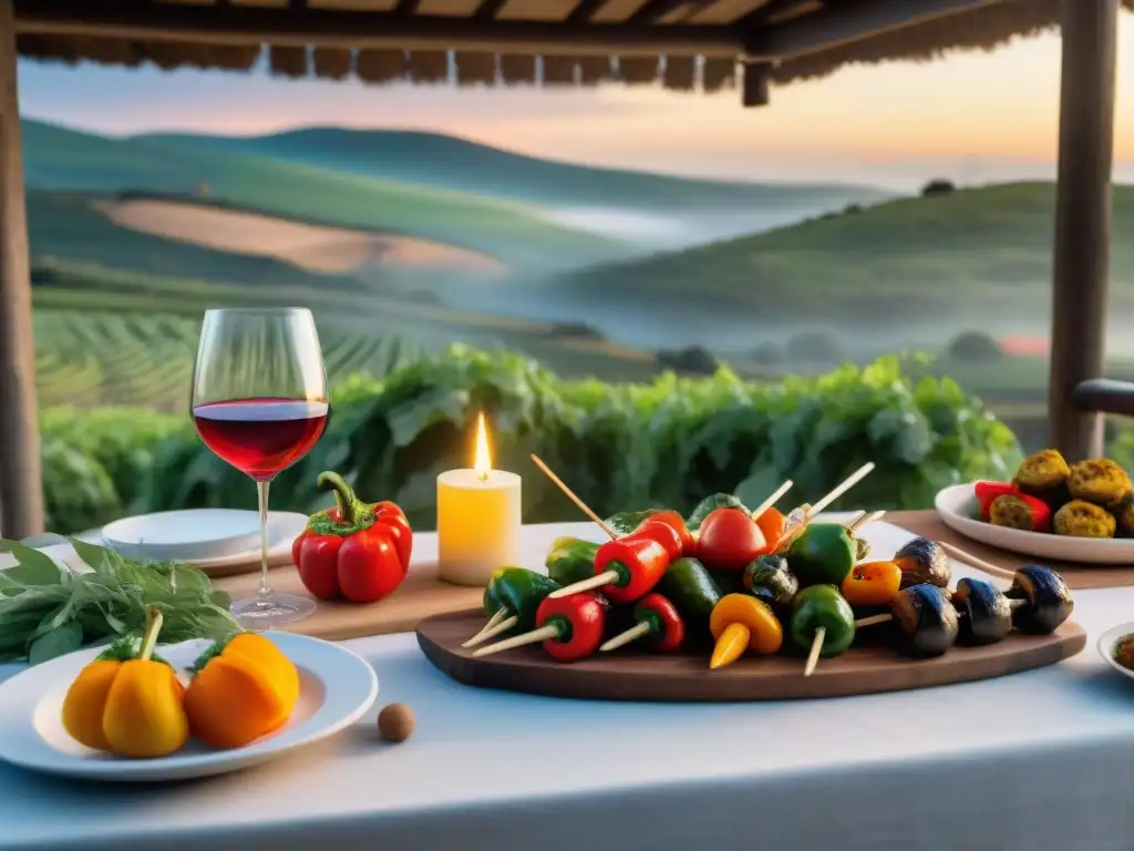 Una mesa de comedor al aire libre en Uruguay, con deliciosos platillos vegetarianos y vinos uruguayos, decorada elegantemente al atardecer