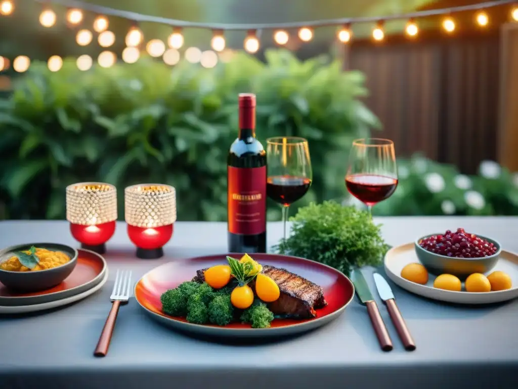 Una mesa de comedor al aire libre bellamente decorada con salsas y condimentos para un asado uruguayo innovador, rodeada de vegetación exuberante y luces suaves al atardecer