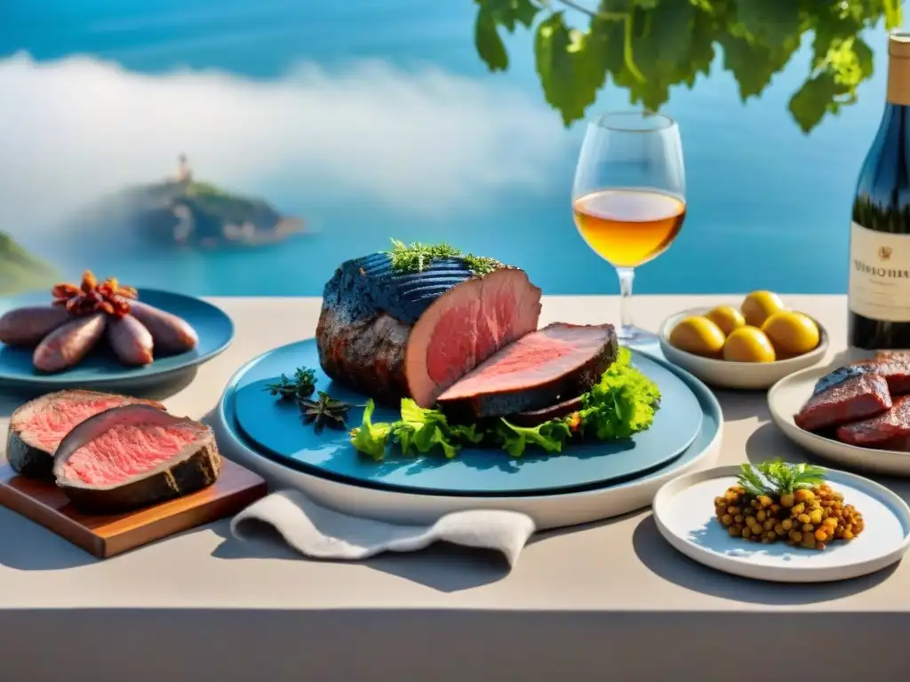 Una mesa de comedor al aire libre en Uruguay con exquisito maridaje de carnes exóticas y vinos locales, rodeada de vegetación bajo cielo azul claro