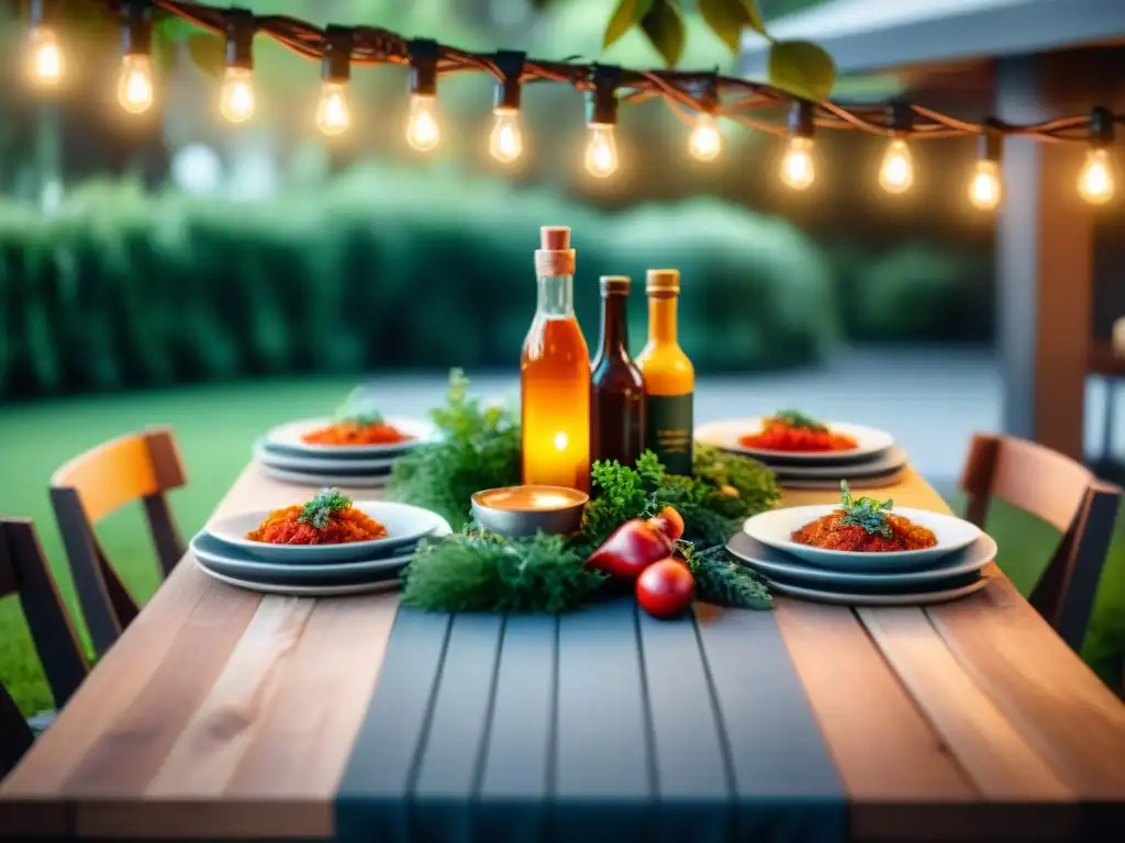 Una mesa de comedor al aire libre elegante, decorada con salsas y condimentos para asado en botellas de vidrio