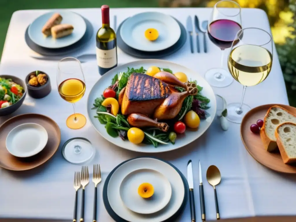 Una mesa de comedor al aire libre elegantemente decorada con cubiertos premium, copas de vino y platos