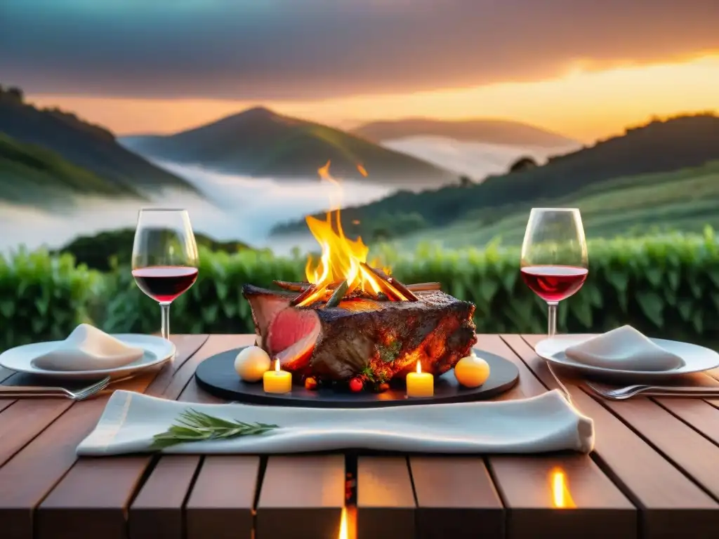 Una mesa de comedor al aire libre elegantemente decorada con elementos rústicos y sofisticados