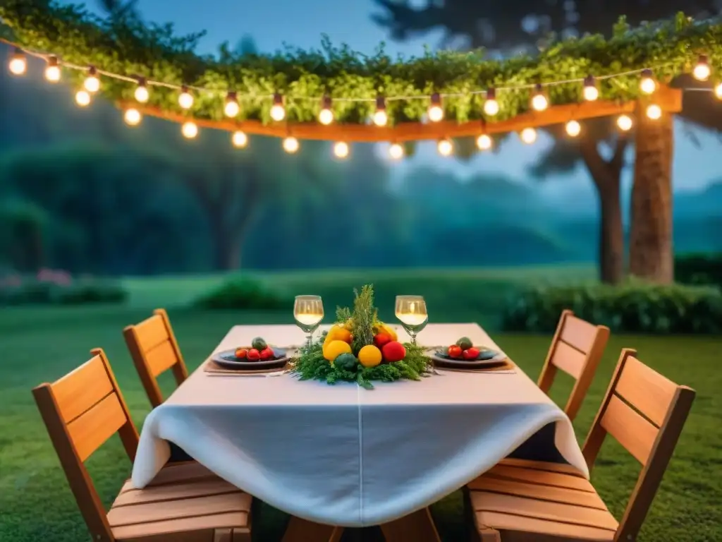 Una mesa de comedor al aire libre bellamente decorada bajo un cielo estrellado, iluminada por luces elegantes, rodeada de vegetación exuberante