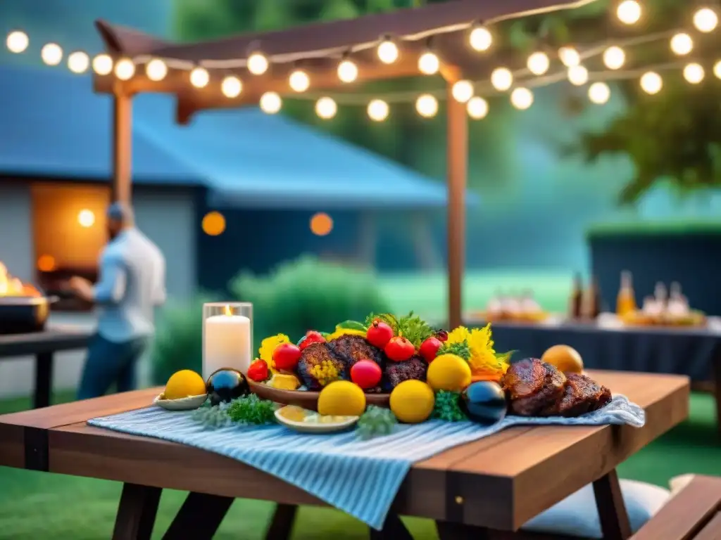 Una mesa de comedor al aire libre bellamente decorada para un asado temático, con luces de colores y deliciosos platillos a la parrilla