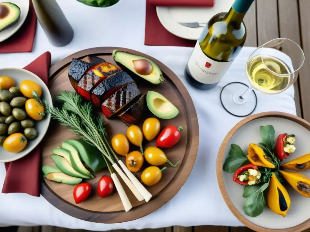 Una mesa de comedor al aire libre bellamente ambientada en un asado tradicional uruguayo con opciones vegetarianas para asado uruguayo