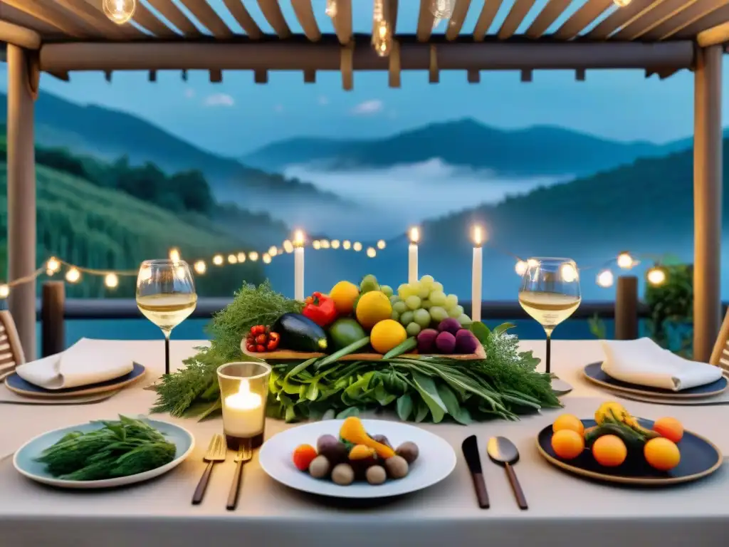 Una mesa de comedor al aire libre sostenible bajo un cielo estrellado, iluminada por luces cálidas