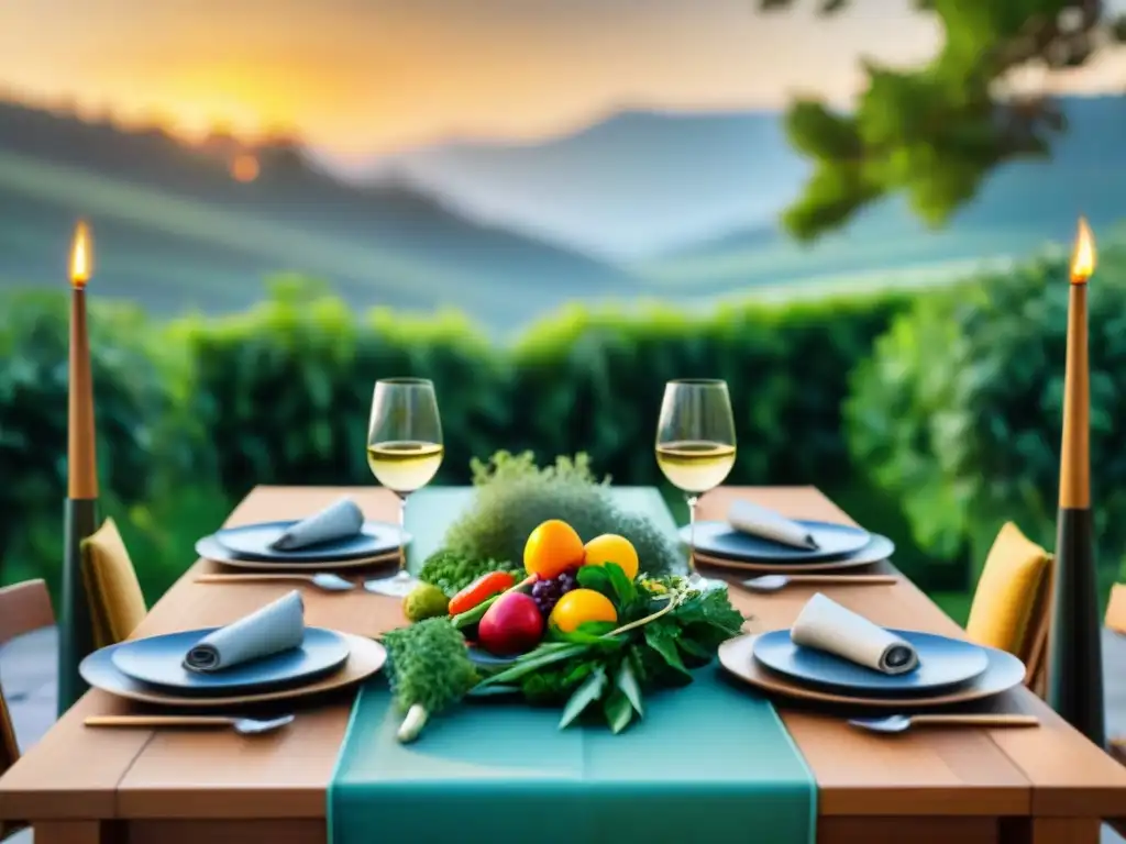 Una mesa de comedor al aire libre bellamente decorada para un asado sostenible, con un maridaje ecoamigable