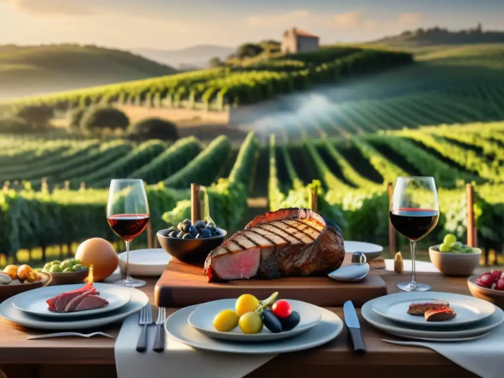 Una mesa de comedor al aire libre en Uruguay, rodeada de viñedos bajo el sol poniente, con vinos y asado