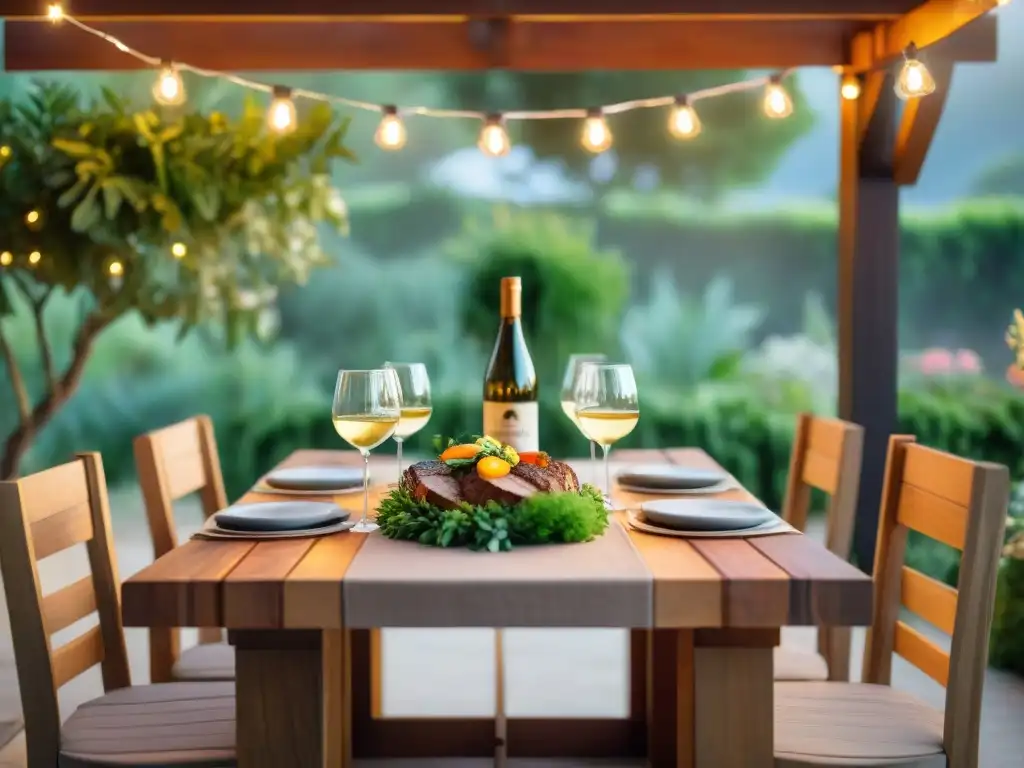 Una mesa de comedor al aire libre con maridaje de vinos, cervezas, asado a la parrilla y vegetales frescos bajo luces cálidas al anochecer