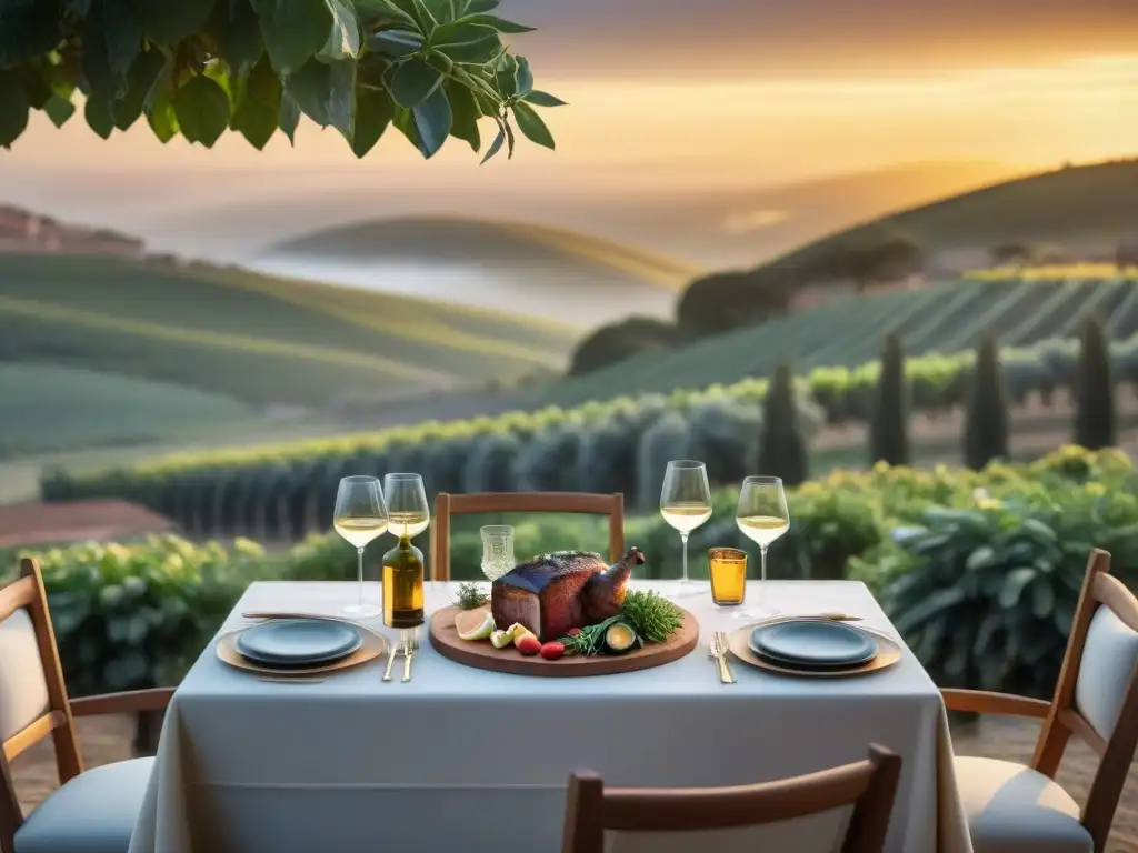 Una mesa de comedor al aire libre llena de deliciosos asados y vinos uruguayos, en un entorno campestre al atardecer