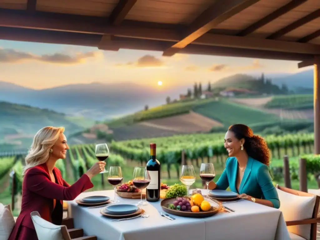 Una mesa de comedor al aire libre perfectamente decorada con vino, asado y comensales sonrientes, en un entorno impresionante de viñedos al atardecer