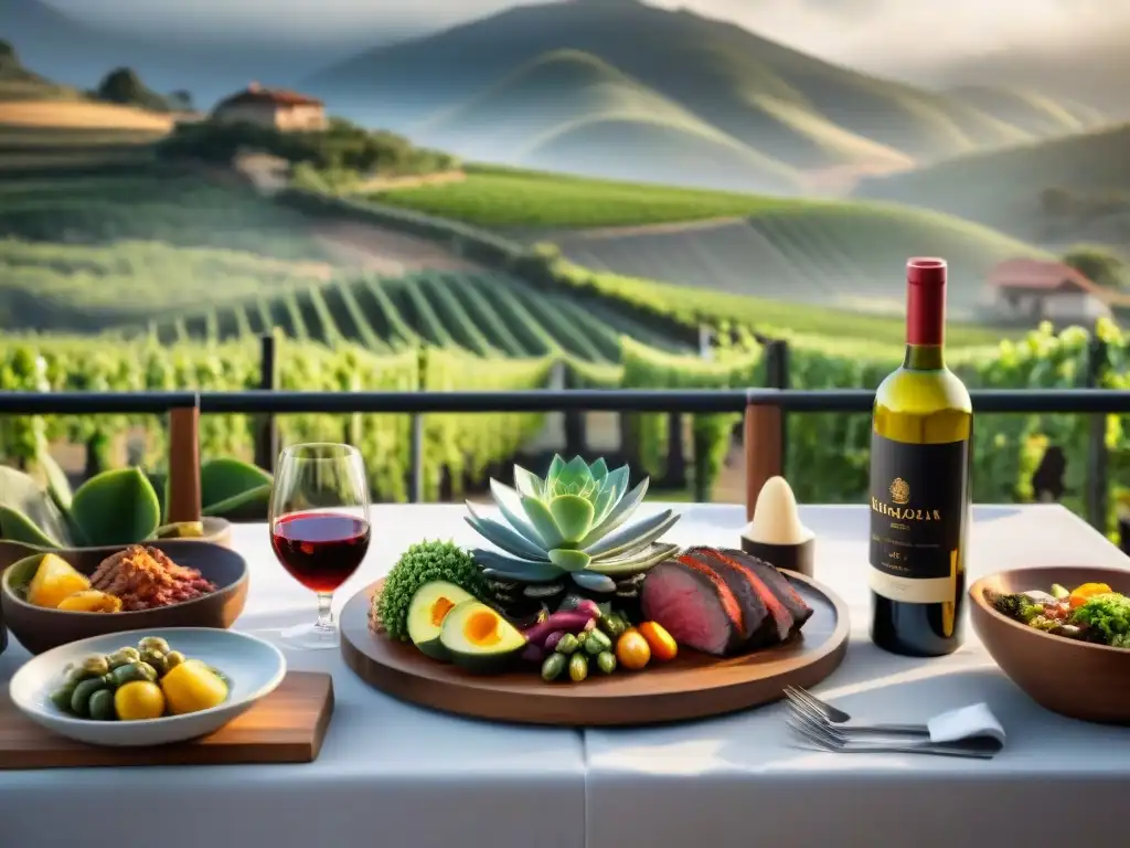 Una mesa de comedor al aire libre con un asado uruguayo y maridajes innovadores, en un entorno campestre elegante