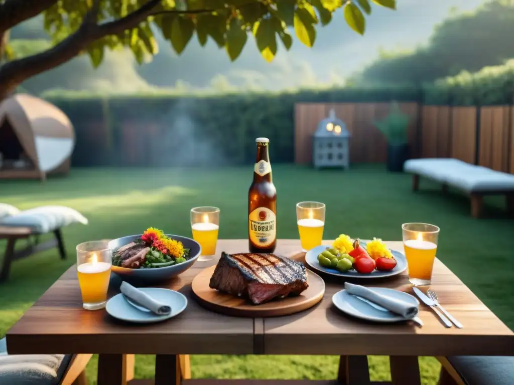 Una mesa de comedor al aire libre bellamente decorada en un jardín, lista para maridajes cervezas asado Uruguay