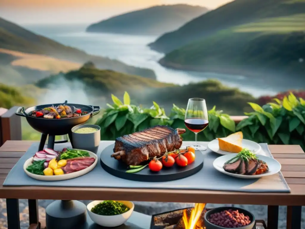 Una mesa de comedor al aire libre en Uruguay con un asado tradicional y vino Tannat