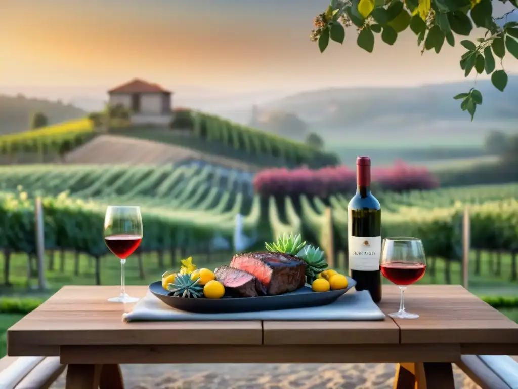 Una mesa de comedor al aire libre con asado y vinos caseros, iluminada por el sol poniente en un jardín exuberante