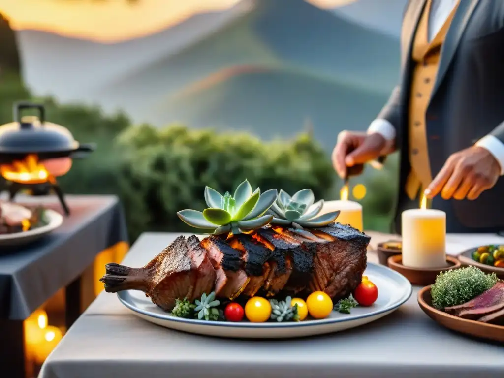 Una mesa de comedor al aire libre bellamente decorada con un suculento asado como centro de atención