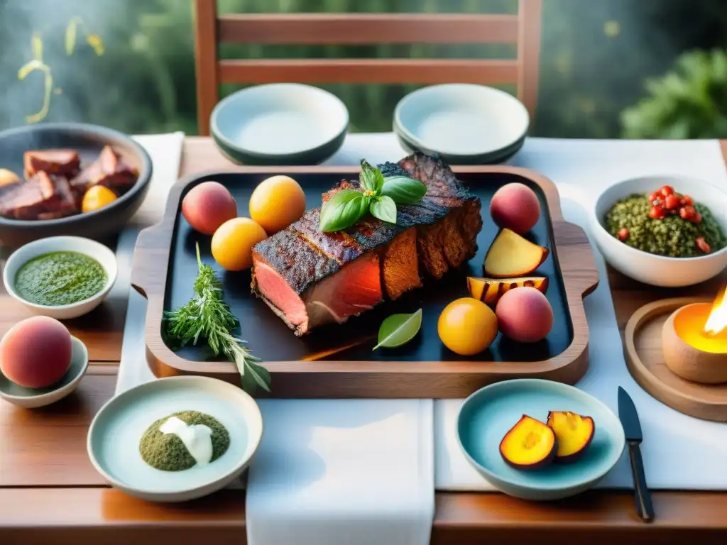 Una mesa de comedor al aire libre bellamente decorada para un tradicional asado uruguayo, con maridajes audaces y sorprendentes