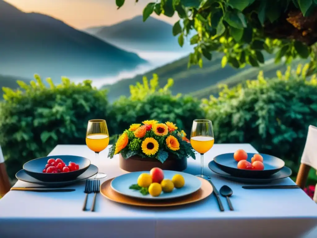 Una mesa de comedor al aire libre bellamente decorada con maridajes internacionales para asado, creando una atmósfera lujosa y acogedora