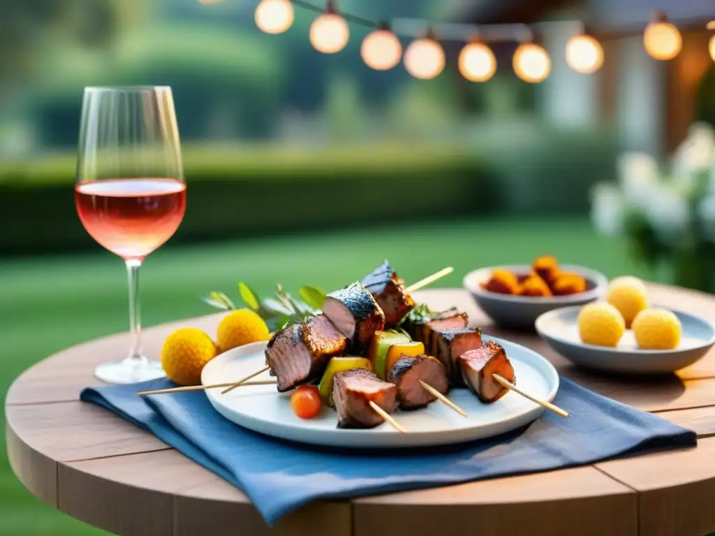 Una mesa de comedor al aire libre con maridaje vinos rosados carnes parrilla en un jardín exuberante iluminado