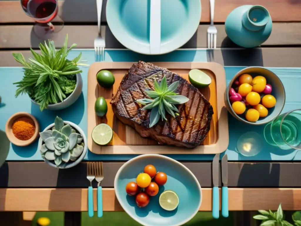 Una mesa de comedor al aire libre perfectamente decorada para un asado, con accesorios para presentación asado, bañada por cálida luz solar