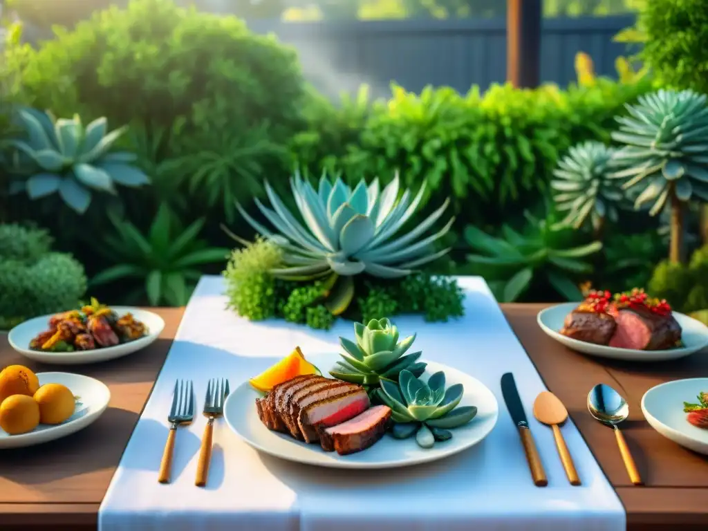 Una mesa de comedor al aire libre elegantemente decorada con cubiertos de plata, mantelería blanca y deliciosas carnes asadas y guarniciones vibrantes