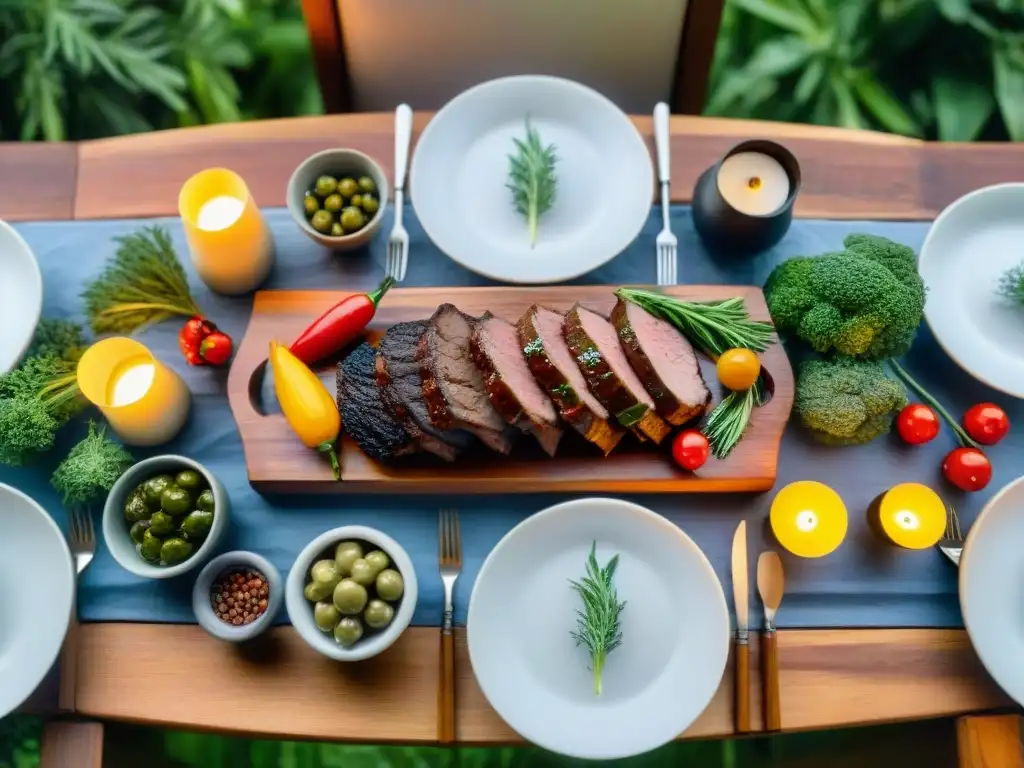 Una mesa de comedor al aire libre bellamente decorada con una variedad de carnes y verduras a la parrilla, creando una presentación de asado perfecta