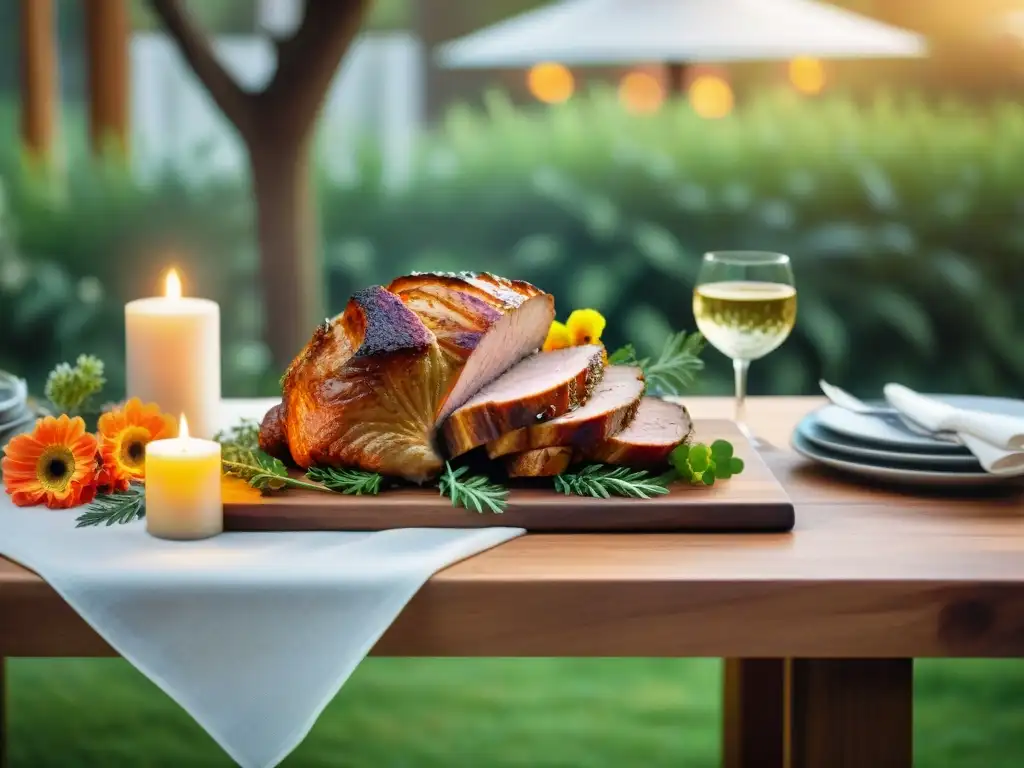 Una mesa de comedor al aire libre elegantemente decorada en un jardín exuberante, con un asado perfectamente presentado