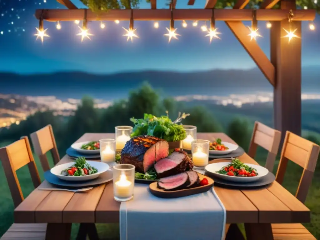 Una mesa de comedor al aire libre bellamente decorada bajo un cielo estrellado, con una parrillada perfecta al aire