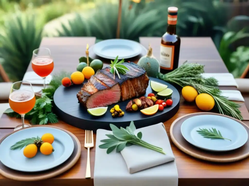 Una mesa de comedor al aire libre, elegante y acogedora, con un exquisito maridaje para asado uruguayo