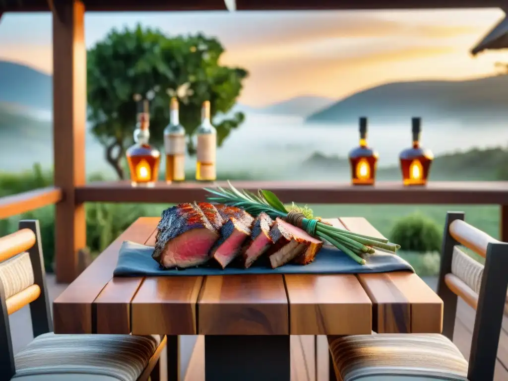 Una mesa de comedor elegante al aire libre con un asador al fondo y destilados uruguayos, ideal para un maridaje de destilados uruguayos asado