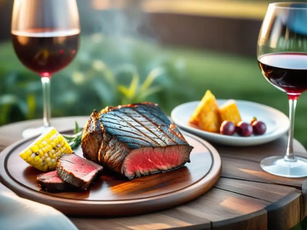 Una mesa de comedor elegante al aire libre en un jardín exuberante, con un vaso de vino y un asado de venado gourmet en Uruguay