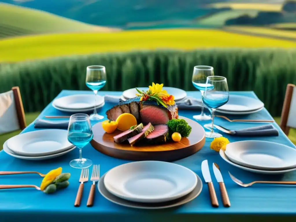 Una mesa de comedor elegante en una estancia en Uruguay, con vajilla de plata y centro floral, rodeada de exuberante naturaleza