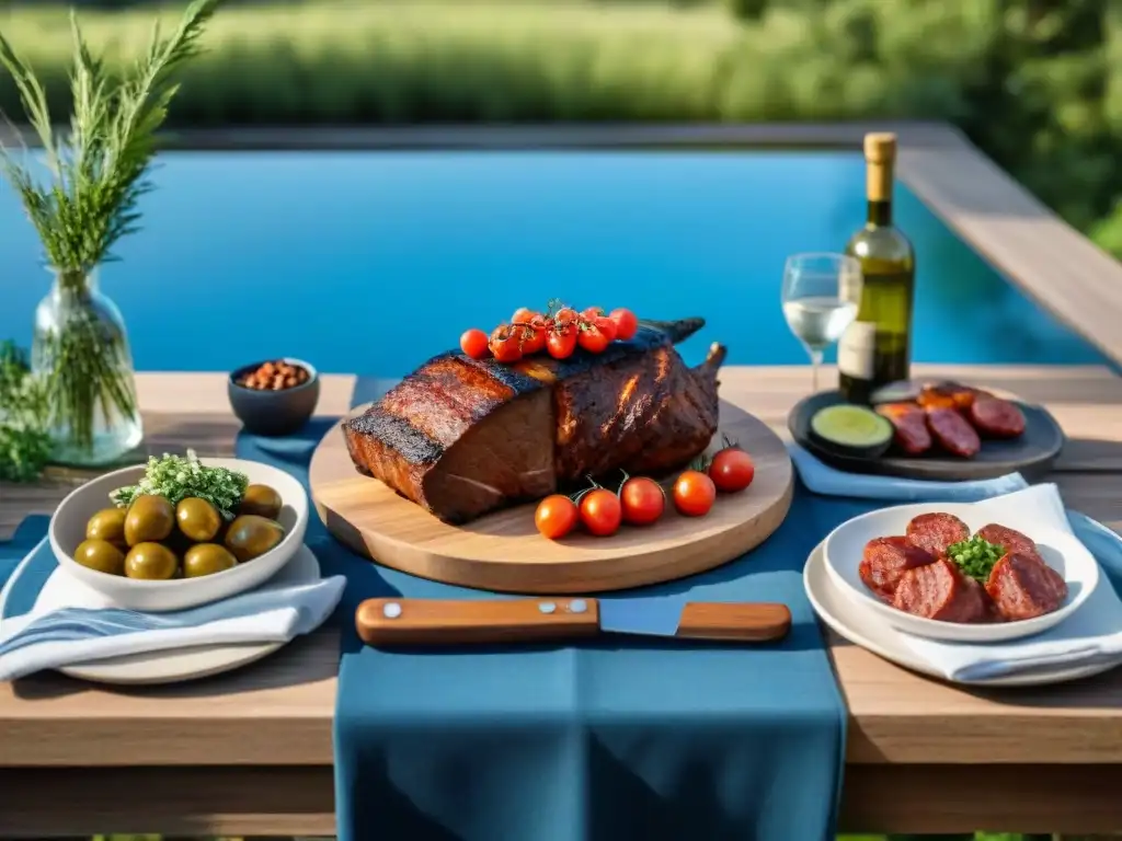 Una mesa bellamente decorada para un asado al aire libre en Uruguay, rodeada de vegetación exuberante bajo un cielo azul brillante