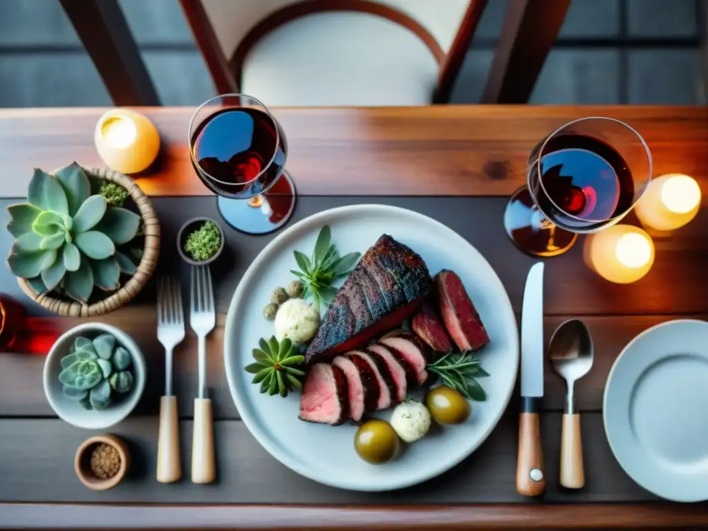 Una mesa exquisitamente decorada con asado, chorizo y morcilla, maridados con vinos uruguayos