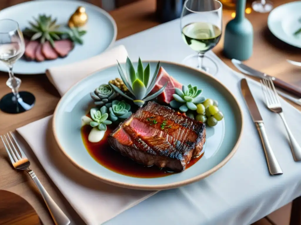 Una mesa exquisitamente decorada con un asado uruguayo y vinos uruguayos, perfecto maridaje