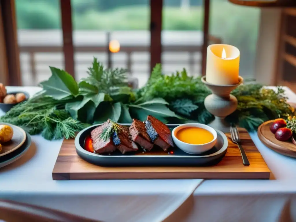 Una mesa elegantemente decorada para un asado uruguayo, con salsas y vinos exquisitos en un ambiente cálido y acogedor