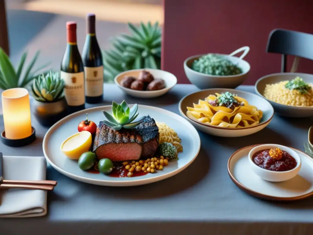 Una mesa exquisitamente decorada con un asado uruguayo y platos italianos, fusionando gastronomías