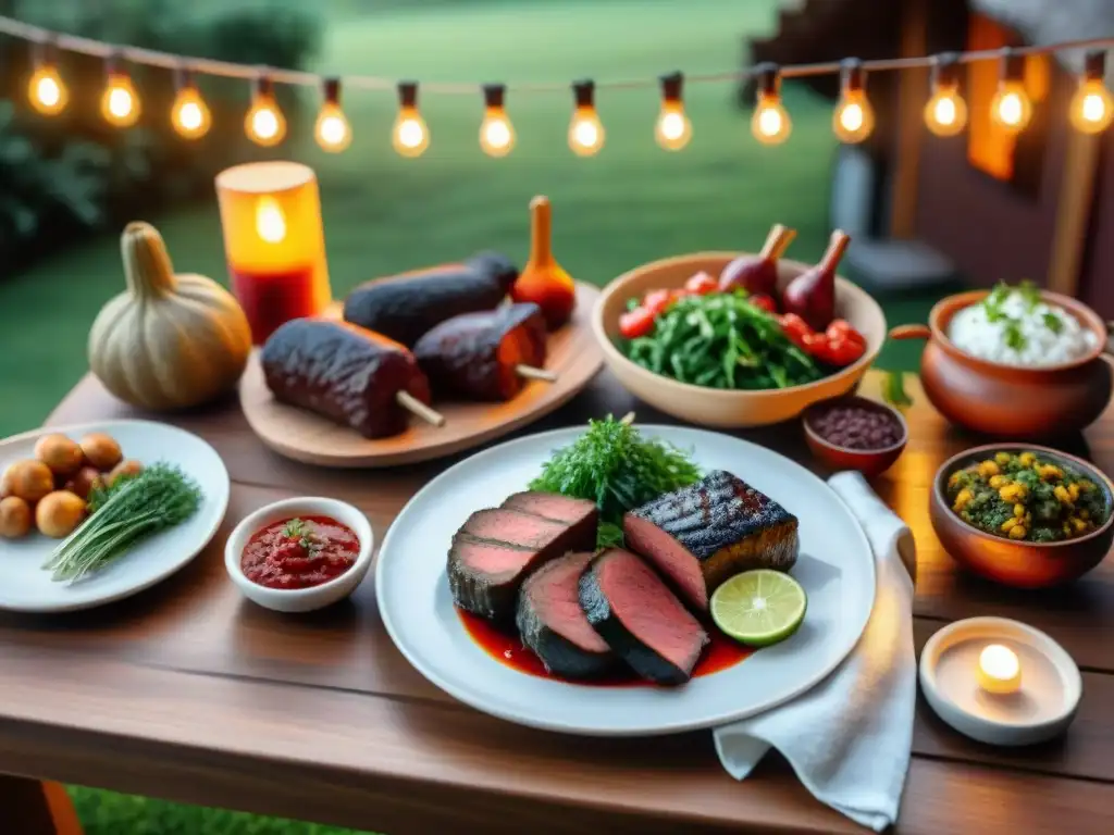 Una mesa exquisitamente decorada con un asado uruguayo tradicional y maridajes innovadores bajo la luz cálida de las guirnaldas