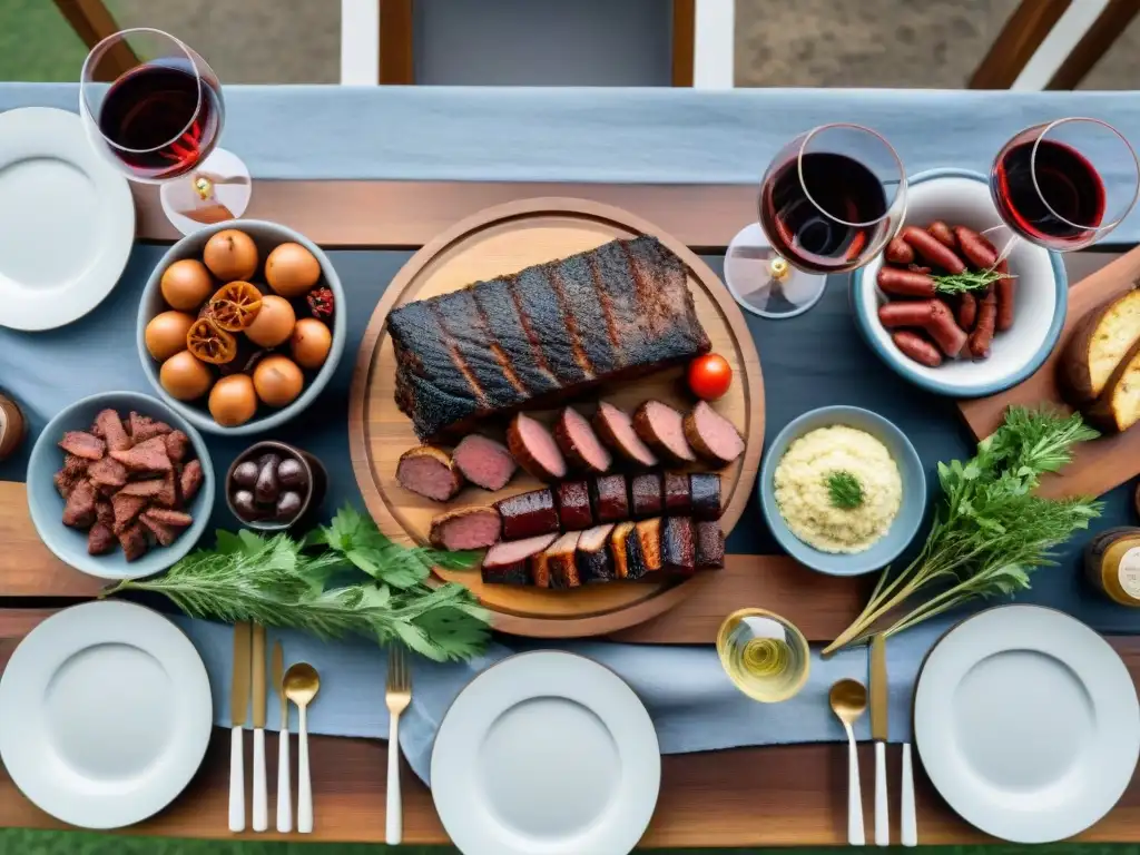 Una mesa exquisitamente decorada con un asado uruguayo y maridaje de vinos, creando una escena visualmente impresionante