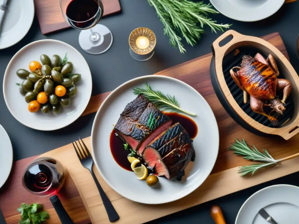 Una mesa elegantemente decorada con un asado uruguayo y vino Tannat, destacando un maridaje perfecto