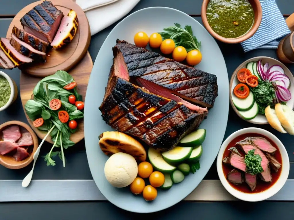 Una mesa bellamente decorada para un asado uruguayo, con una parrilla tradicional, cortes de carne, ensaladas, chimichurri y pan