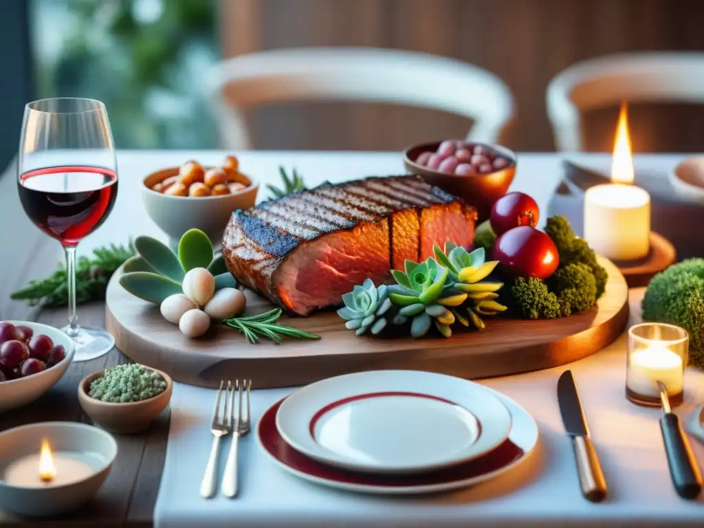 Una mesa bellamente decorada con un asado variado y vinos tintos