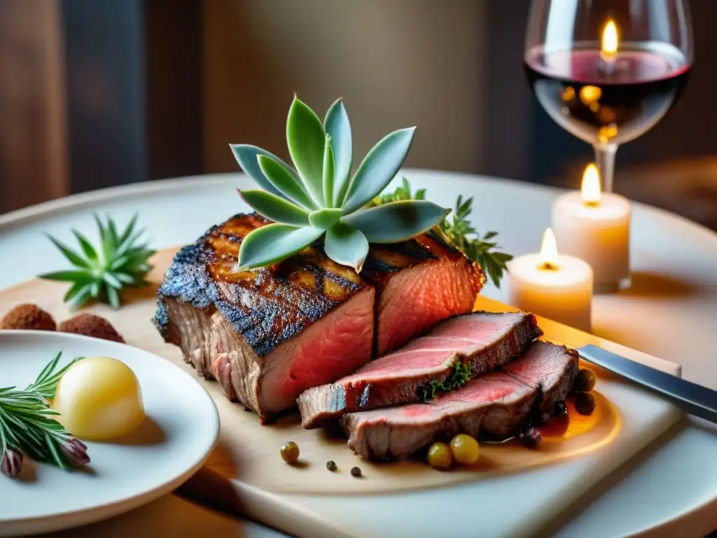 Una mesa exquisitamente decorada con carnes a la parrilla y vinos uruguayos para carnes importadas, creando una atmósfera cálida y sofisticada