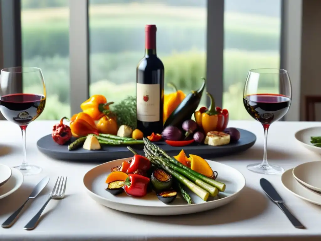 Una mesa elegantemente decorada con copas de vino y platos de vegetales asados, ideal para un maridaje vinos asados vegetales