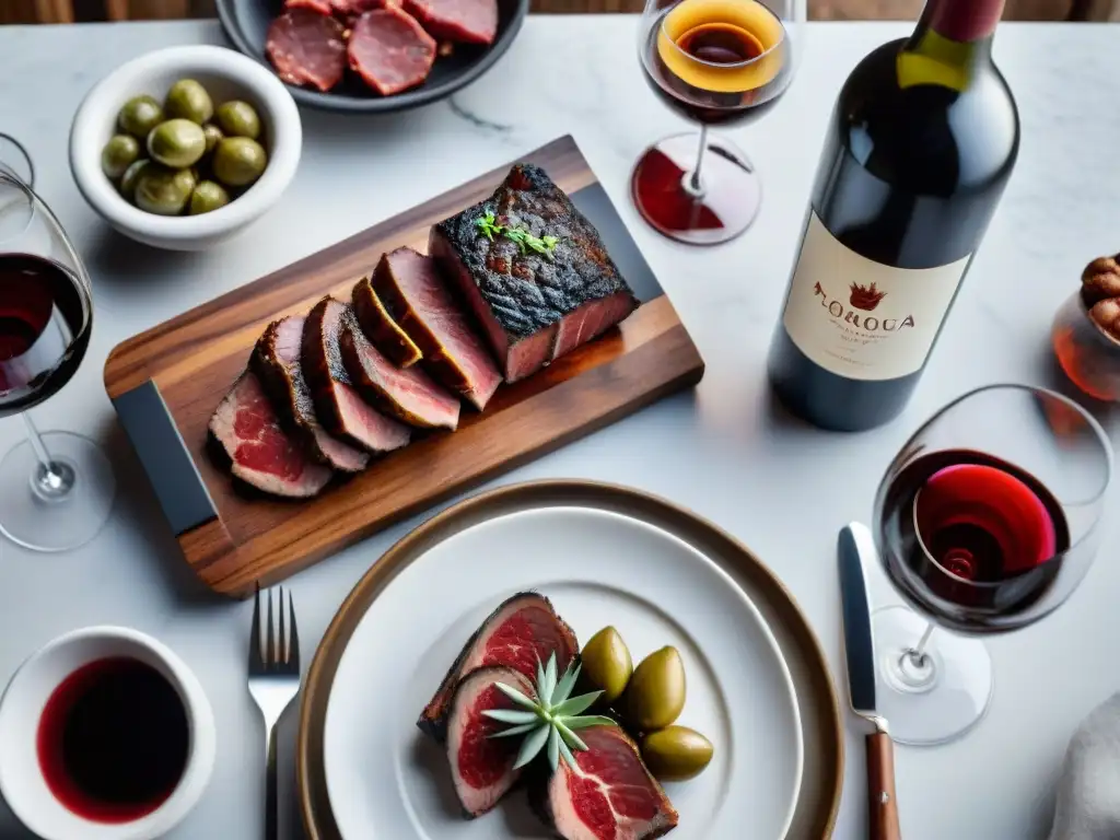 Una mesa exquisitamente decorada con cortes de carne uruguaya y vinos, para un maridaje perfecto