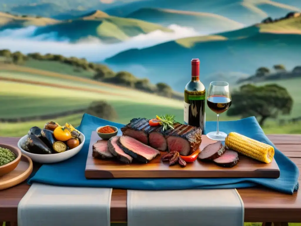 Una mesa exquisitamente decorada para un evento especial, con un asado uruguayo tradicional y una selección de vinos finos, en un escenario campestre