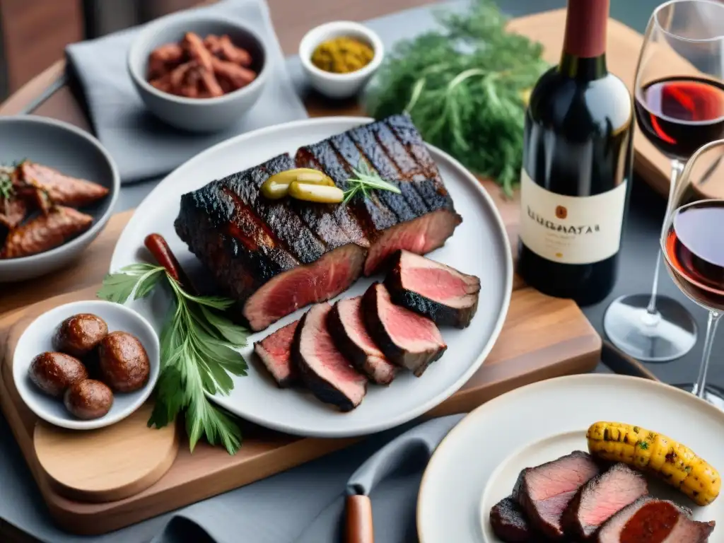 Una mesa exquisitamente decorada con un festín de cortes premium de asado uruguayo y vinos selectos, ideal para maridaje vinos carnes asado uruguayo