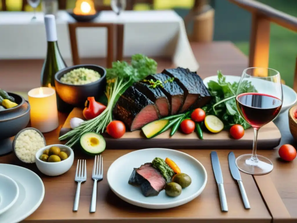 Una mesa bellamente decorada con guarniciones tradicionales del asado uruguayo y copas de vino